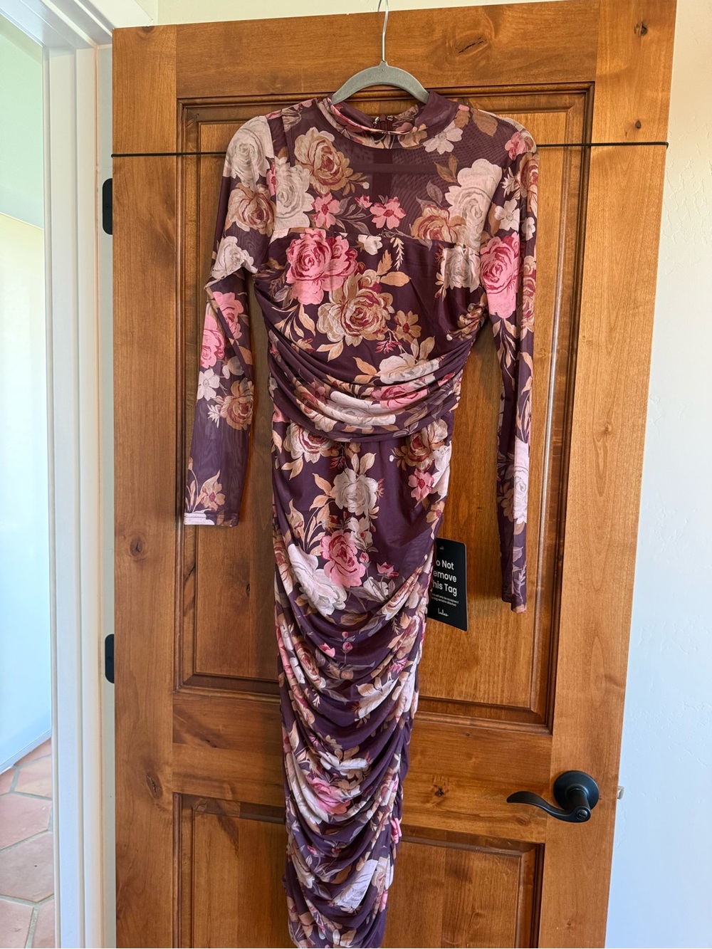 Lulu's Plum Floral Ruched Long Sleeve Maxi Dress